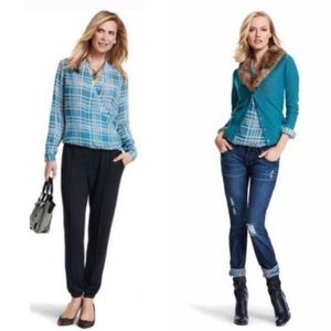 CAbi #3068 Windowpane Wrap Blouse Teal Size Medium